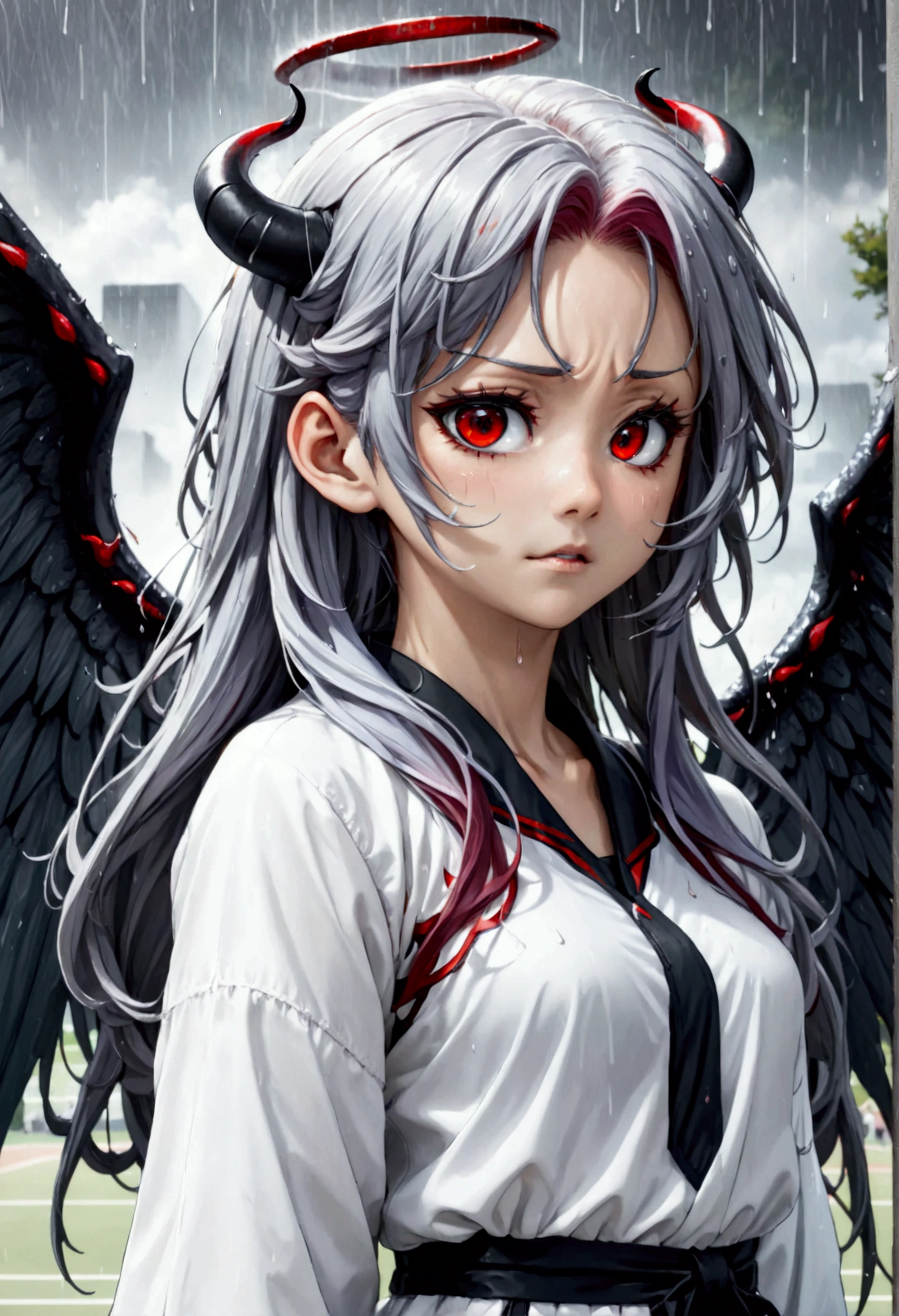 (8k, Highest quality, Manga style, View your viewers, Intricate details:1.3),(One person, Nakiri Ayame, ２Demon horns in the book, Multicolored Hair, Long Hair, Red eyes, Gray Hair), (Six alternating white angel wings and black devil wings:1.3), (Tennis Wear, Sweating, Full body portrait, Being hit by rain, Soaking wet)