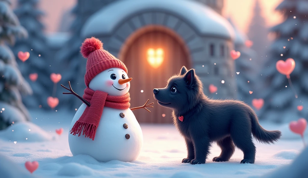 A charming fluffy white snowman wearing a red knitted hat and a red scarf with a heart design. The snowman has bright, sparkling black eyes and a delicate, happy expression. The snowman is talking with a huge black dog at front of a rock castle's door. It sits in an enchanting winter setting with light pink heart-shaped balloons and heart-shaped snowflakes drifting around. The surrounding trees are laden with snow and the sky above glows with a gentle twilight blue, contributing to a magical and affectionate mood. The image should embody a cartoon-like and extremely adorable style, with a soft-focus background to amplify the fairy-tale-like ambiance of the composition.