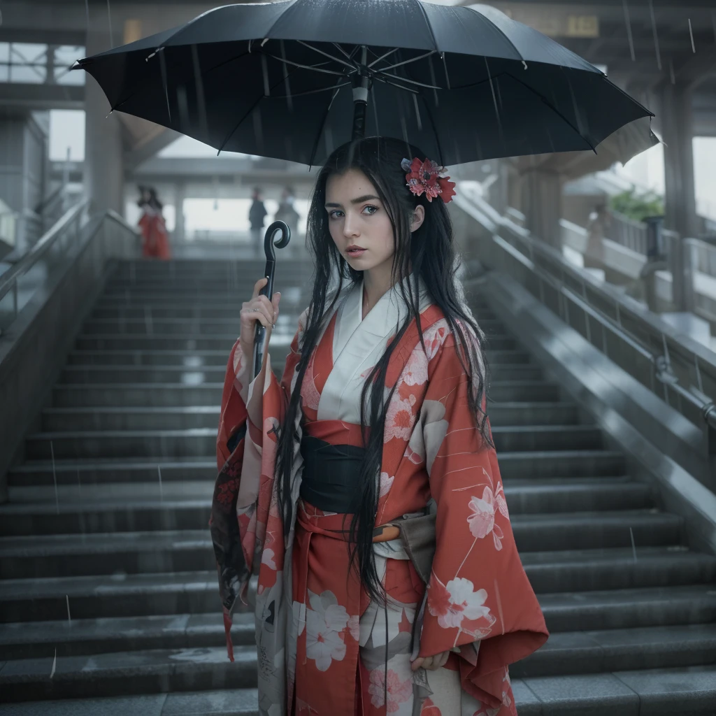 A girl tallcute masterpieces pedigree japanese mixed icelandic(verydetailed)(veryrealistics), red miko kimono (detailed)(realistics), face oval slim morejapaneses cute(detailed)(realistics), skin white aura, trick eyebrows, eyes sky blue lignting, hair long straight black (detailed)(realistic),
A photo masterpiece hafe body, indifferrene,peaceful, look at the exit,
Cloudy light rain, On background standing with an umbrella black at the sation exit stairs tokyo station, japan, style cinemstic nightmare (8K)(detailed)(realistics,masterpiece:1.3) (cinemstic nightmare),(8K)(detailed)(realistics),