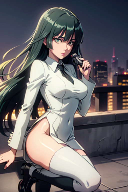 Highest quality、Ultra HD、One Woman、(Dark green long hair 1.3)、(White Suit 1.3)、(White tight skirt 1.3)、(Black tie)、(Black loafers 1.1)、((tall))、((1 who has a gun.2))、(Large Breasts)、(Black knee-highs 1.2)、(Beautiful face with sharp eyes 1.2)、40-year-old woman、Slender body、(Night city background 1.2)、((Clear and beautiful touch))