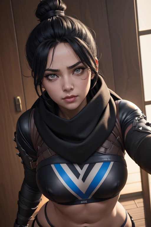 Foto de corpo inteiro, (Highly detailed CG Unity 8k wallpaper),(masterpiece), (highest quality), (super detailed), (Best Illustration),(best shadow), Wraith apex legends, pretty face focus, Masterpiece artwork, best qualityer, kissshotms, 1 girl, natta, Efeito de Luz, Masterpiece artwork, best qualityer, 1 girl,  bikini, mature woman, breasts big, 8k, UHF, (abdomen, )muscular woman, Waist slender, detailedeyes, FGO1, 1stClothing, 1 girl, solo, hair bun simples, hair bun, scarf, sultry posing, Bblack hair, black scarf, blue colored eyes, bangss, bangss distributed, Hair behind the ear, mitts, piercing no nariz, mitts pretas