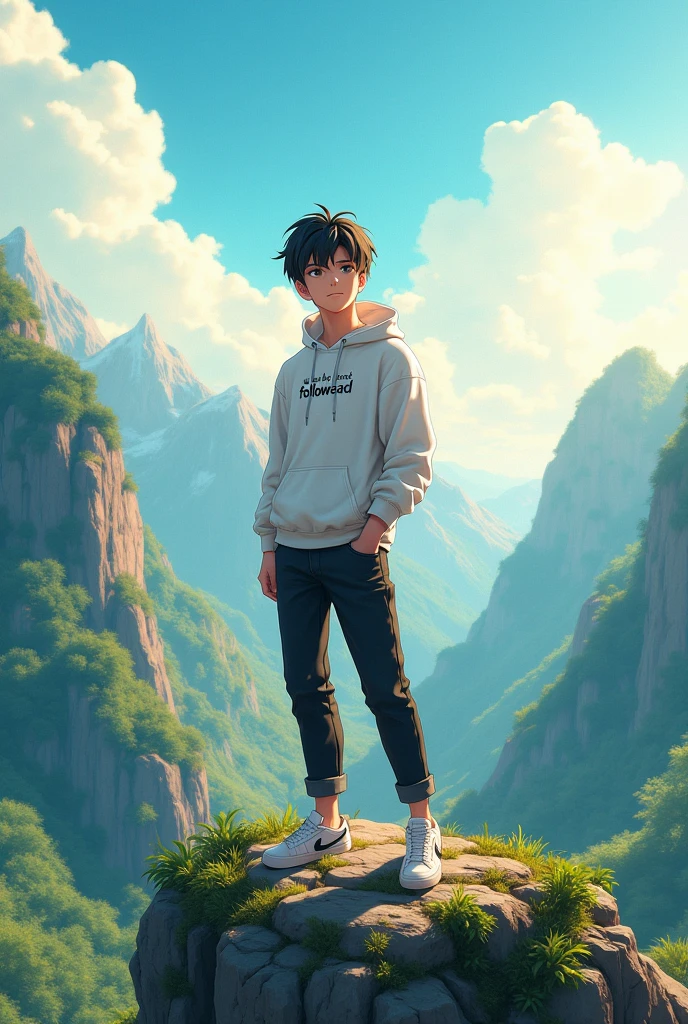 A young anime men standing on mountain at afternoon with fully nature.
Wearing a white hoody with black jeans and sneaker.
We Can Be Frnds (FOLLOWBACK)written on shirt