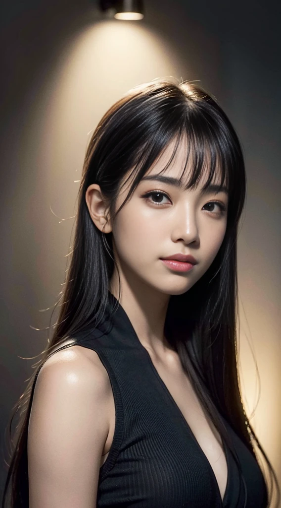 (Ultra Realistic), (Illustration), (Increased Resolution), (8K), (Extremely Detailed), (Best Illustration), (Beautiful and Detailed Eyes), (Best Quality), (Ultra Detailed), (Masterpiece ), ( wallpaper), (detailed face), solo, 1 girl, looking at viewer, fine details, detailed face, in the dark, deep shadows, low key, pureerosfaceace_v1, smiling, long hair, black shawl straight hair , 46 points oblique bangs
