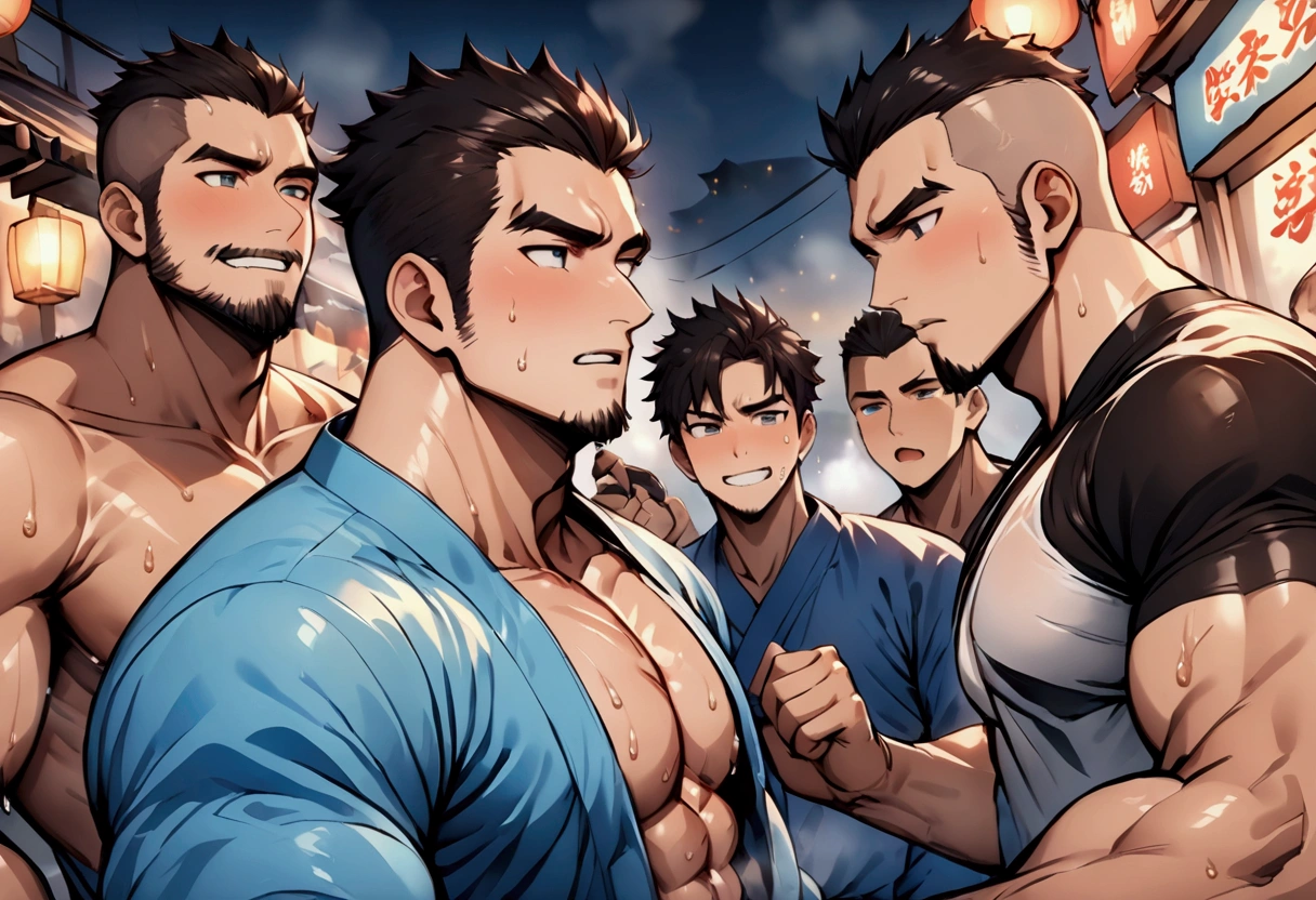 Highest quality、masterpiece、(muscular male:1.2)、(father:0.5)、Shaved head、Short Hair、Sports haircut、short hair、(sweat:1.3)、(steam:1.1)、gangbang、3boys、Ultra wide angle、Night Festival、Jinbei、looks fun