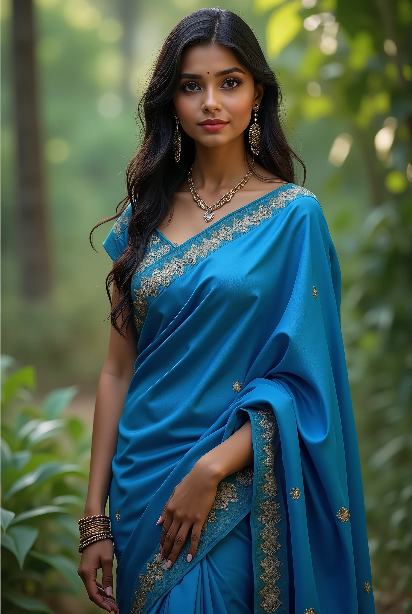 Indian women realistic face detailed, blue saree, big breasts , over belly, standing in nature 8k detailed
