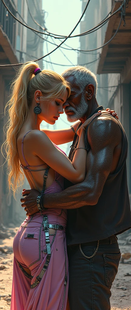 (masterpiece:1.2),(Highest quality),(Super detailed),(Ultra-high resolution),(Best illustrations),8k,wallpaper,Beautiful blonde female cyborg,whole body,psychedelic,Vector art,Layered textures,progressive,pop,sf,cyber punk,Super sexy:2.0, hugged from behind by old homeless black man, Old black man in beggar's clothes, old black man beggar, intense emotion, fall in love, in a dirty alley
