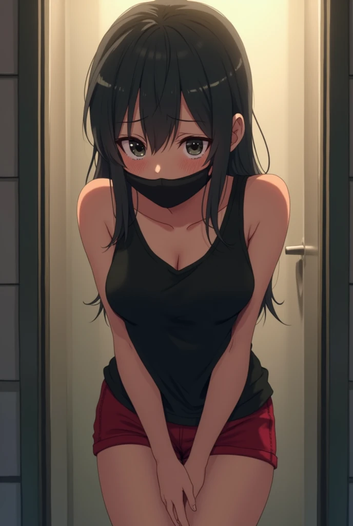 1girl, woman, wet hair, dark brown hair, blue eyes, sitting in the bathtub, crying, tears on cheeks, wearing white towel to cover her body, looking up, the girl mouth tape gagged by black tape, the girl upper body wrapped by green rope, the girl hands bound behind her back, windows, bathroom, gagged, tape gag, anime style