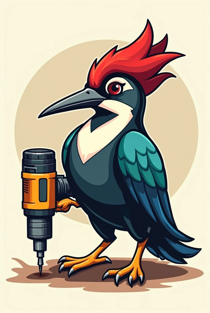A colorful logo style woodpecker with a drill in his hands