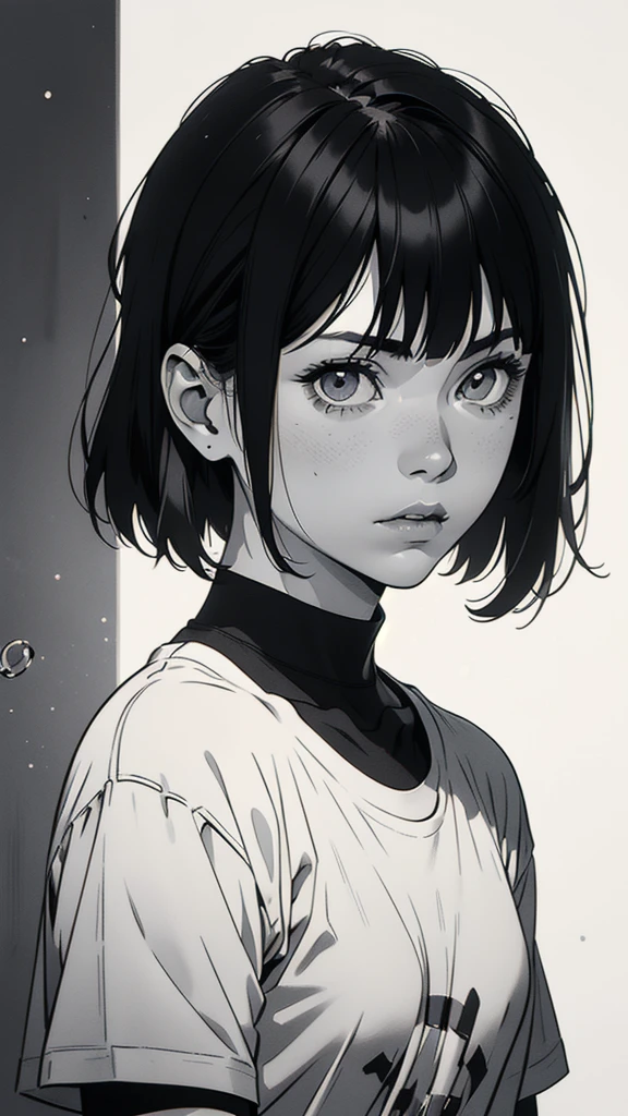 1 boyish girl, solo, sharp eyes, monochrome, greyscale, short black hair, portrait, white T-shirt, closed mouth, looking at viewer, graphite \(medium\), detailed lips, hatching \(texture\), without makeup, bangs, upper body, (best illustration), (best quality), (very detailed), (masterpiece), expressionless,
