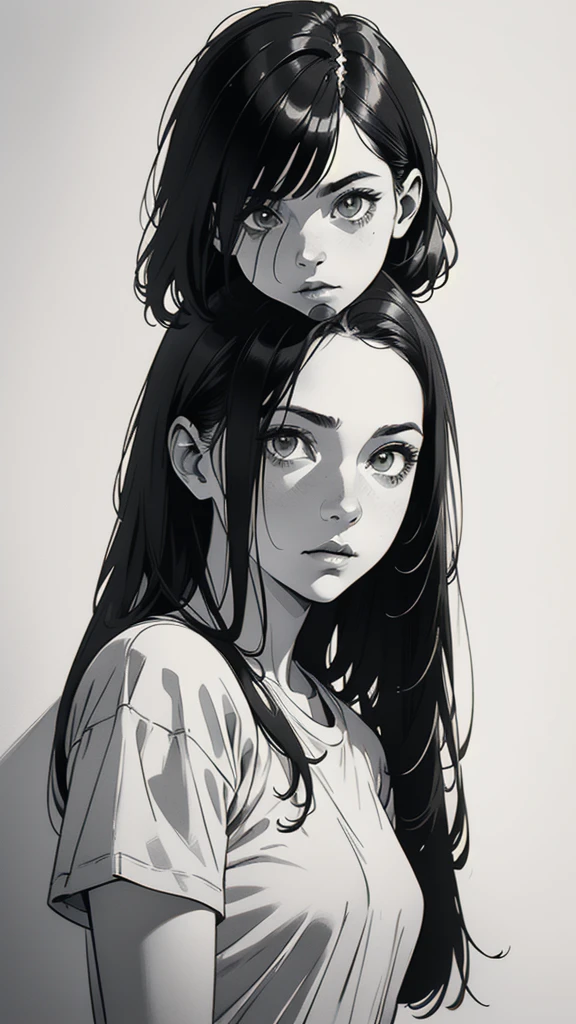 1 boyish girl, solo, sharp eyes, monochrome, greyscale, short black hair, portrait, white T-shirt, closed mouth, looking at viewer, graphite \(medium\), detailed lips, hatching \(texture\), without makeup, bangs, upper body, (best illustration), (best quality), (very detailed), (masterpiece), expressionless,