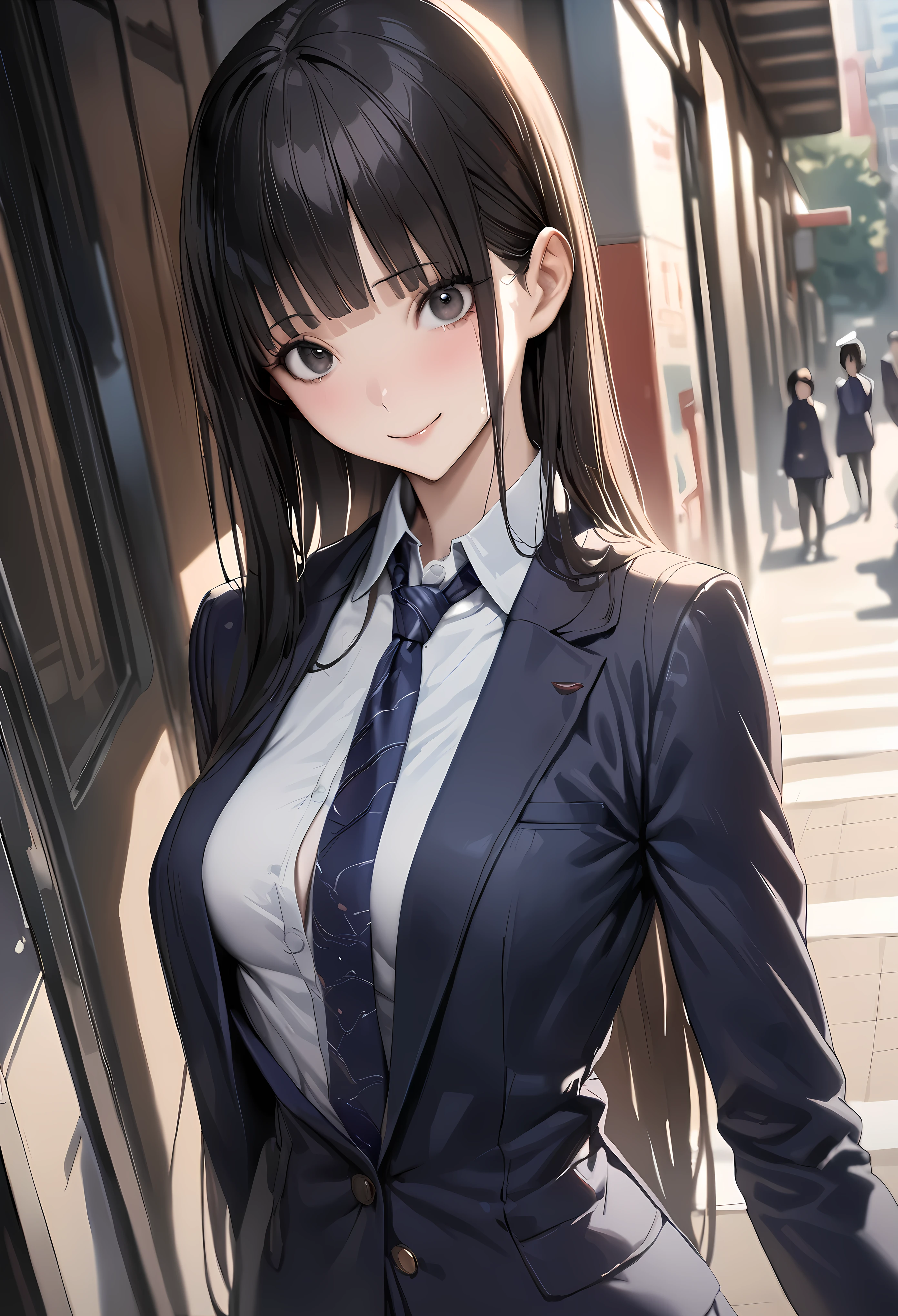 ((masterpiece,best quality anime,Highest quality:1.3)),realistic,cowboy shot,1woman,(30 year old beauty),((very small head:1.4)),((very long body:1.4)),straight long hair,black hair,(gorgeous big eyes),black eyes,smile,((slender body:1.4,skinny:1.3)),medium breasts,(School uniform、Dark blue blazer jacket、Navy blue tie、White shirt,pleated navy mini skirt),gleaming skin,shiny skin,standing,on street、Shinjuku、Tokyo、