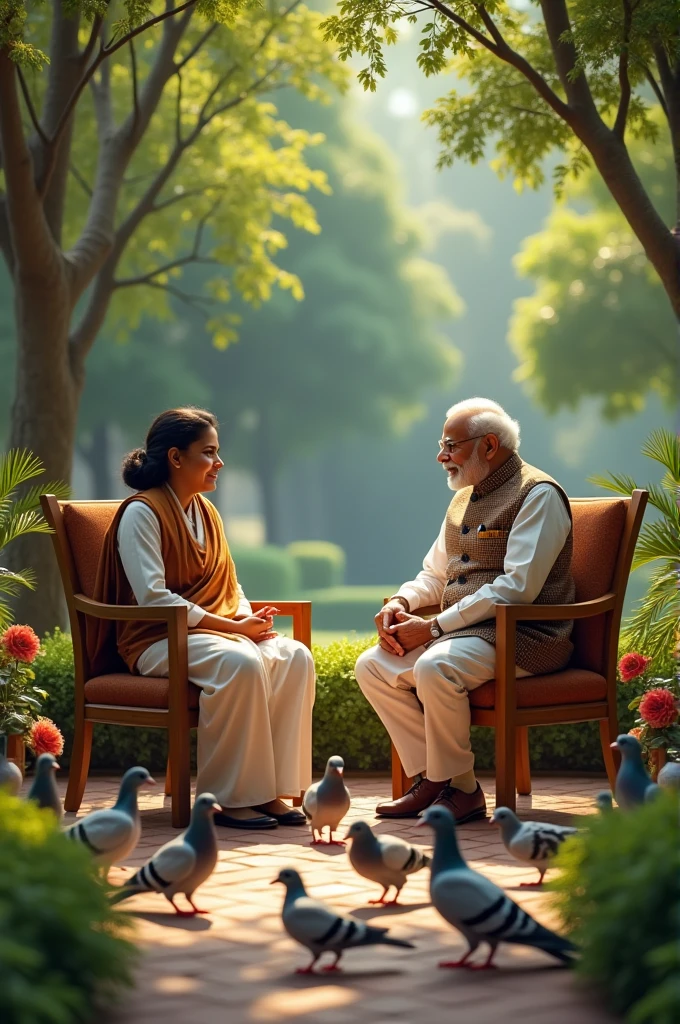 Narendra Modi and Sheikh Hasina are sitting inside a beautiful garden surrounded by many small pigeons.