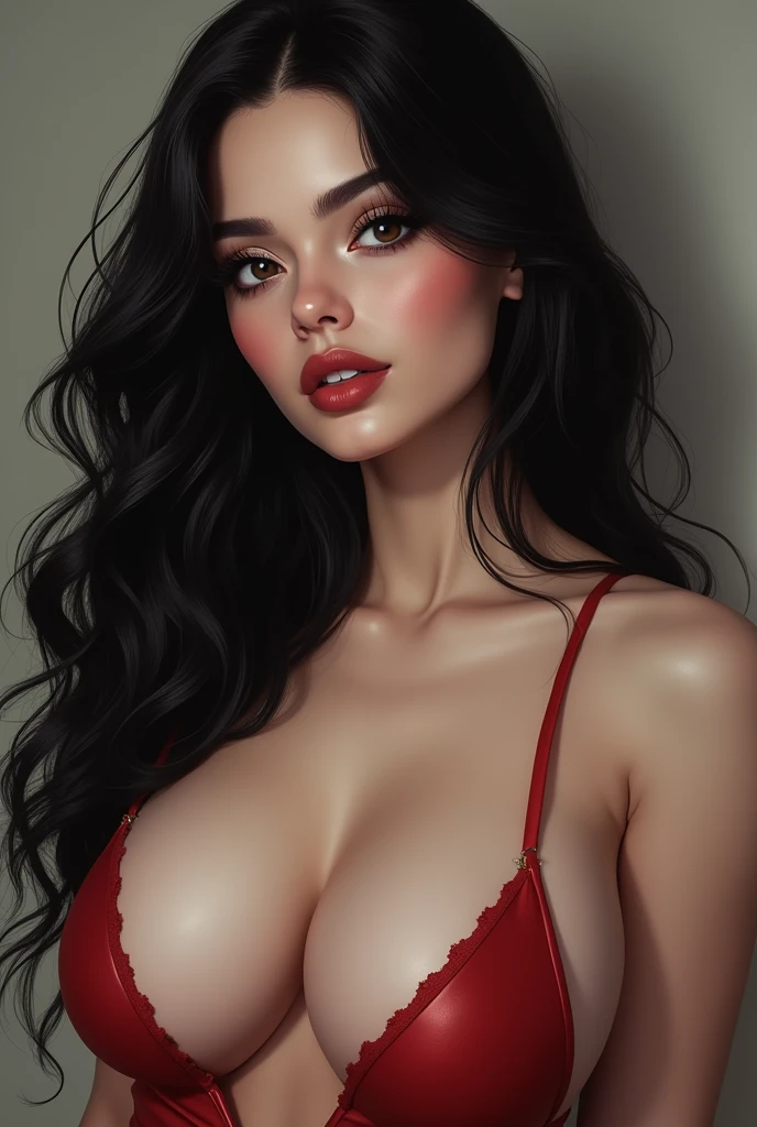 1girl, (extremely intricate:1.2),, finely detailed face, extremely detailed face, pale skin, black_hair, sexy, curvy hair, black long hair, large breast, high quality, best quality, realistic, ultra realistic, photorealistic, beautiful delicate eyes, highest quality, highres, detailed eyes, highest resolution, (exquisitely detailed skin), lig showing boobs, large breasts, long hair,kissing pose