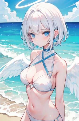 Anime, girl, teenage, short hair, white hair, plae blue eyes, cool, earrings, wearing a white bikini, cute, angel wings and halo ring, medium boobs, beach, 