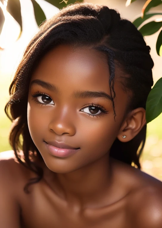 (portrait, editorial photograph) (beautiful black girl), adorable face, long brown curly hair, hazel eyes, by lee jeffries, nikon d850, film stock photograph ,4 kodak portra 400 ,camera f1.6 lens ,rich colors ,hyper realistic ,lifelike texture, dramatic lighting, (highly detailed face:1.4), perfect eyes, realistic iris, perfect teeth, (smile:0.7), (background dark, shadow of the leaves, moody, cleavage), sun rising, early morning light, Wishing for something, masterpiece, best quality, photorealistic, Citizen of Guinea-Bissau, very cute super model, perfect anatomy, skinny, ((1 girl)), (colorful reflections in the eye), (nudist), (smiling, white teeth), small nipples,(((( incoming kiss )))),( looking up )