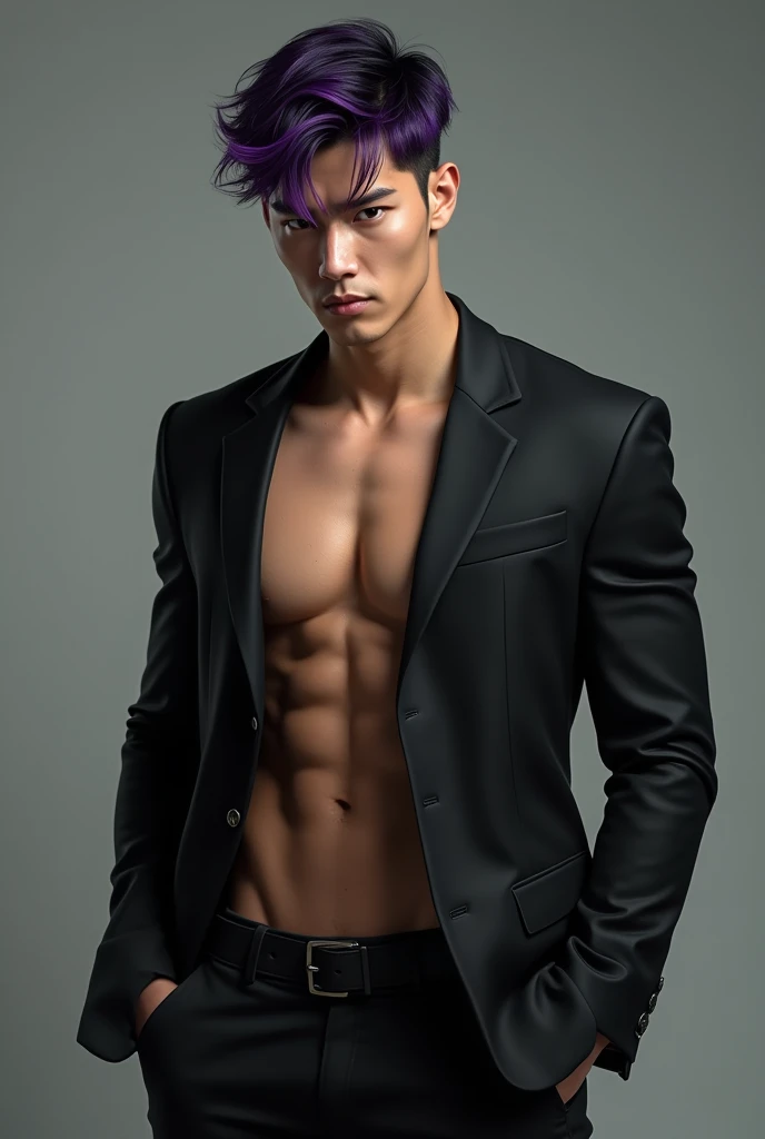 Toned body man, 2, full black suits, folded sleeves at elbows, unbuttoned top, black locks of hair, Korean - American mixes looking man, bad boy hair cut, violet-colo
