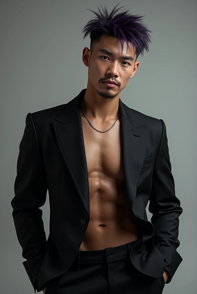Toned body man, 2, full black suits, folded sleeves at elbows, unbuttoned top, black locks of hair, Korean - American mixes looking man, bad boy hair cut, violet-colo
