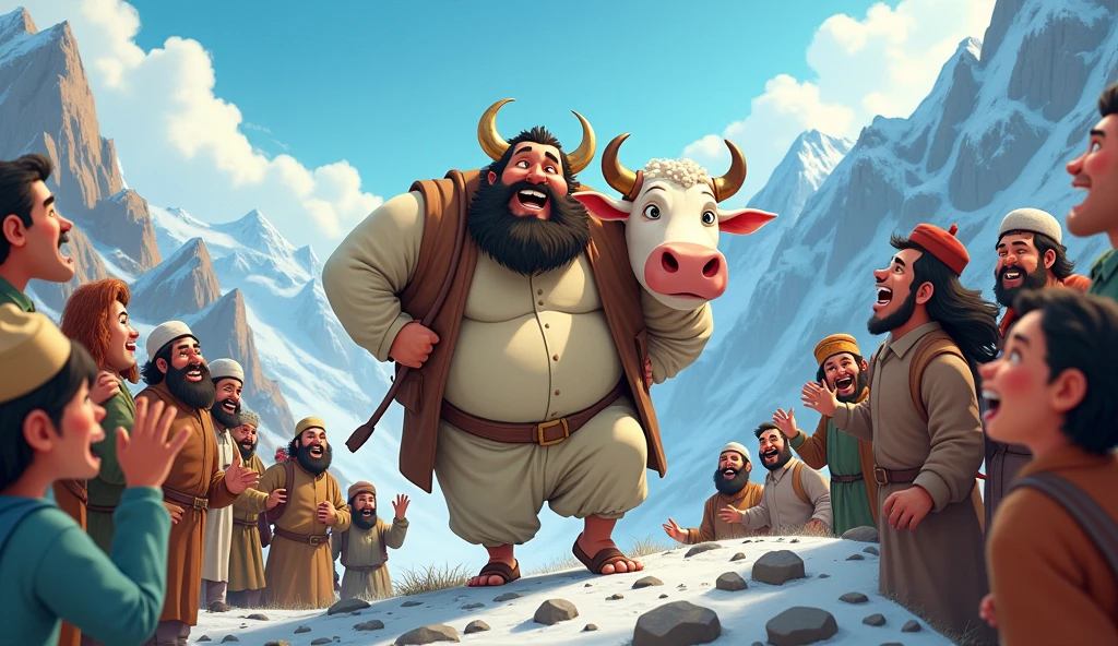 Animated image of people laughing at a big Muslim man carrying a cow on a mountain 