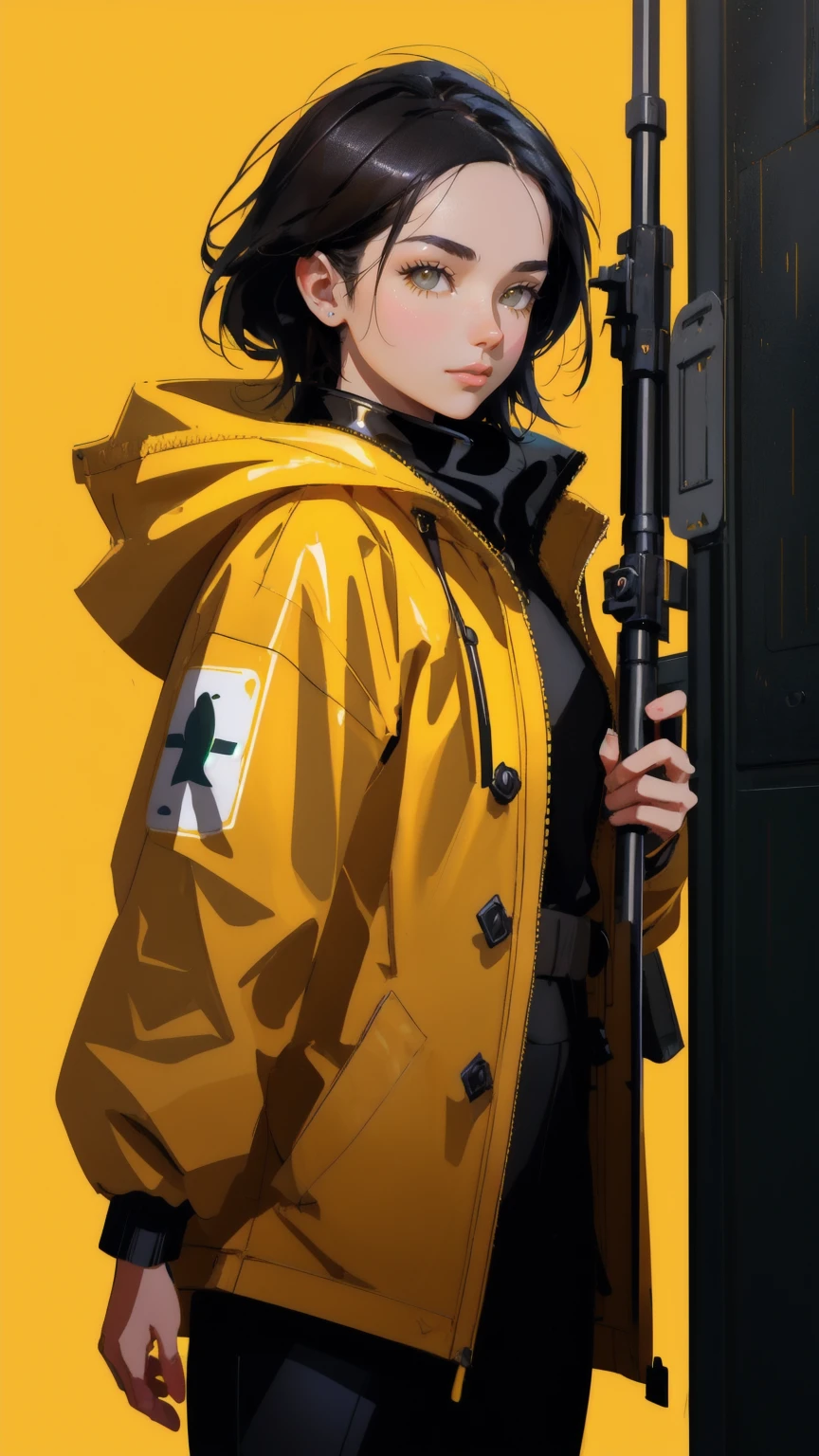 a beautiful girl in yellow raincoat carrying a box with a sign, inspired by Jacob Duck, yellow background, wojtek fus, fantasy duck concept portrait, robot duck concept portrait, stefan koidl inspired, armored duck, stefan koidl, andreas rocha style, hd artwork, noot noot, by Eddie Mendoza, inspired by Craig Mullins, subject= duck