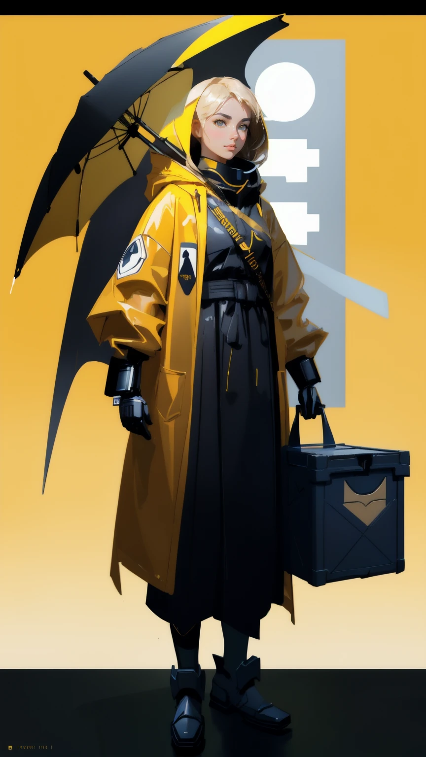 a beautiful girl in yellow raincoat carrying a box with a sign, inspired by Jacob Duck, yellow background, wojtek fus, fantasy duck concept portrait, robot duck concept portrait, stefan koidl inspired, armored duck, stefan koidl, andreas rocha style, hd artwork, noot noot, by Eddie Mendoza, inspired by Craig Mullins, subject= duck