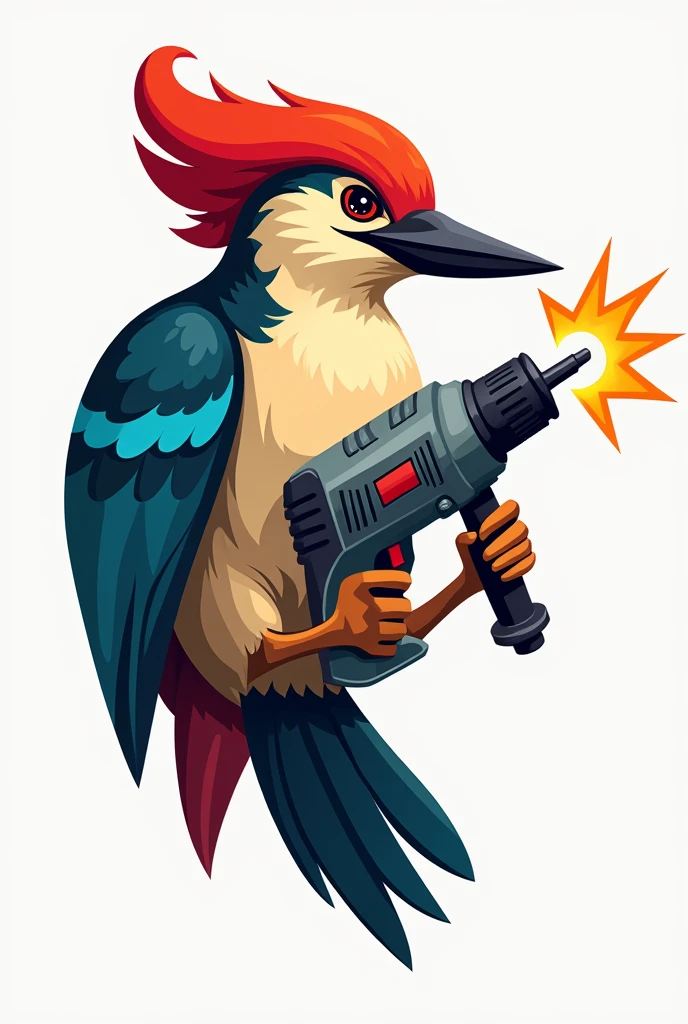 A colorful logo style woodpecker with a drill in his hands 