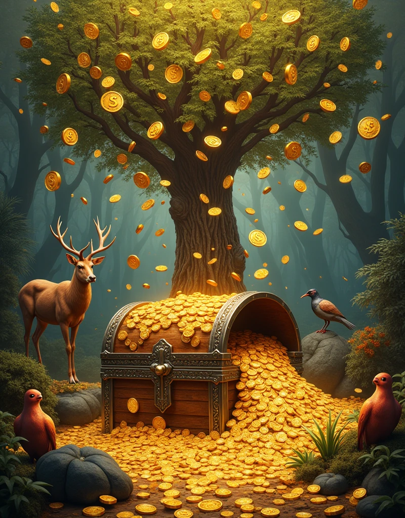 surreal illustration by Kevin Sloan, oil painting, "rain of gold coins, money tree, chest of coins, against the background of Renaissance wildlife, ((Kevin Sloan style)) ,((Hyperrealistic)), Kevin Sloan gradient, Intricate details, intricate, aesthetics, ((best quality, Masterpiece)), ((Highest detail), Octane rendering, hd, f/2.8, 8K