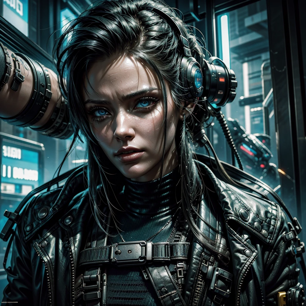 a cyberpunk woman in an apocalyptic scenario, in the scenario we see cyborgs and futuristic technological means, hyper-realistic, hyper-detailed, photo-realistic, perfect-details, intricate-details, high quality