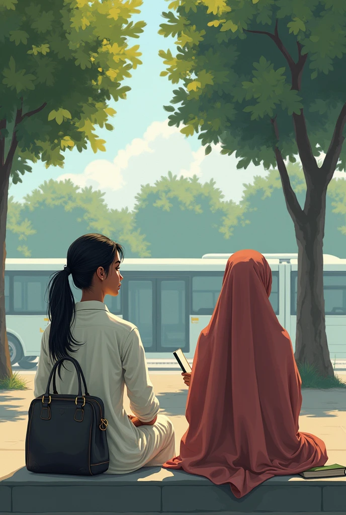 In pakistan A girl in a pony tail with her college bag and in her uneversity uniform white suit salwar sitting on a bench at bus station waiting for the bus . the place is not crowded and there are trees she has only one bag that is for her books. A South African black girl with hijab on sat with with her holding a closed book in her both hands . make hijabi girL skin colour black