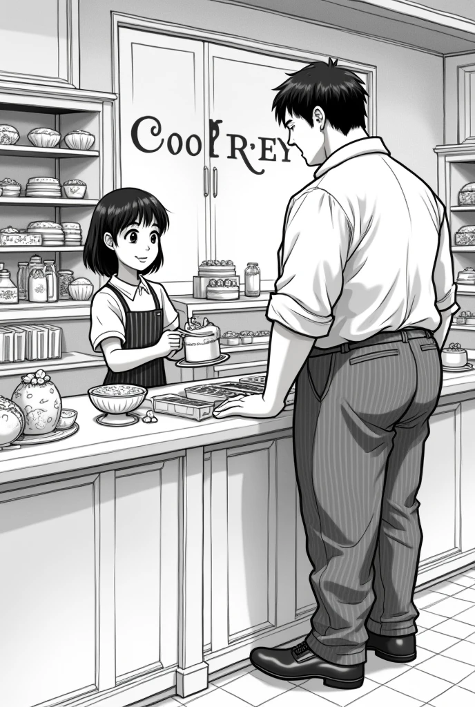 make a black and white illustration of a korean girl baking a cake and a boy buying it at coopers bakery, The guy is tall and big, the girl is a bit and cute