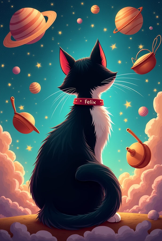 Un gros chat tuxedo. Il est de dos. Avec un fond univers (planètes, étoiles). Il y a des ustensiles de cuisine également. Dans un univers cartoon. Sur le collier du chat il est écrit Félix. 