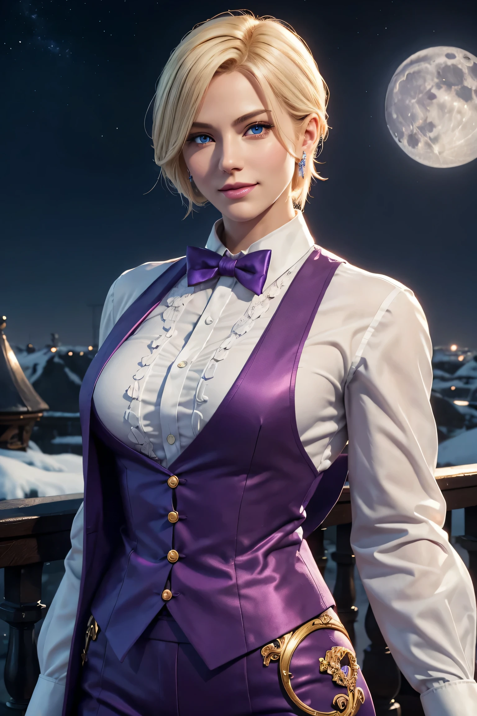 KOF,King of Fighters,King,Blue Eyes,Blonde Hair,Medium Hair,White long shirt,Purple vest,A bow tie,Beautiful white skin,Photorealistic,Ultra HD,high quality,masterpiece,Digital SLR,Detailed details,Intricate details,Anatomical basis,Depicted in detail,A detailed face,Realistic skin texture,Vivid details,Perfect Anatomy,Perfect Anatomy,Anatomically correct hand,Anatomically correct fingers,Super Detail,Complex 3D rendering,Sexy pose,Fantasy worldview,Beautiful Full Moon,,Beautiful night sky,Purple rose petals fluttering,Picturesque,Pink Lips,smile,