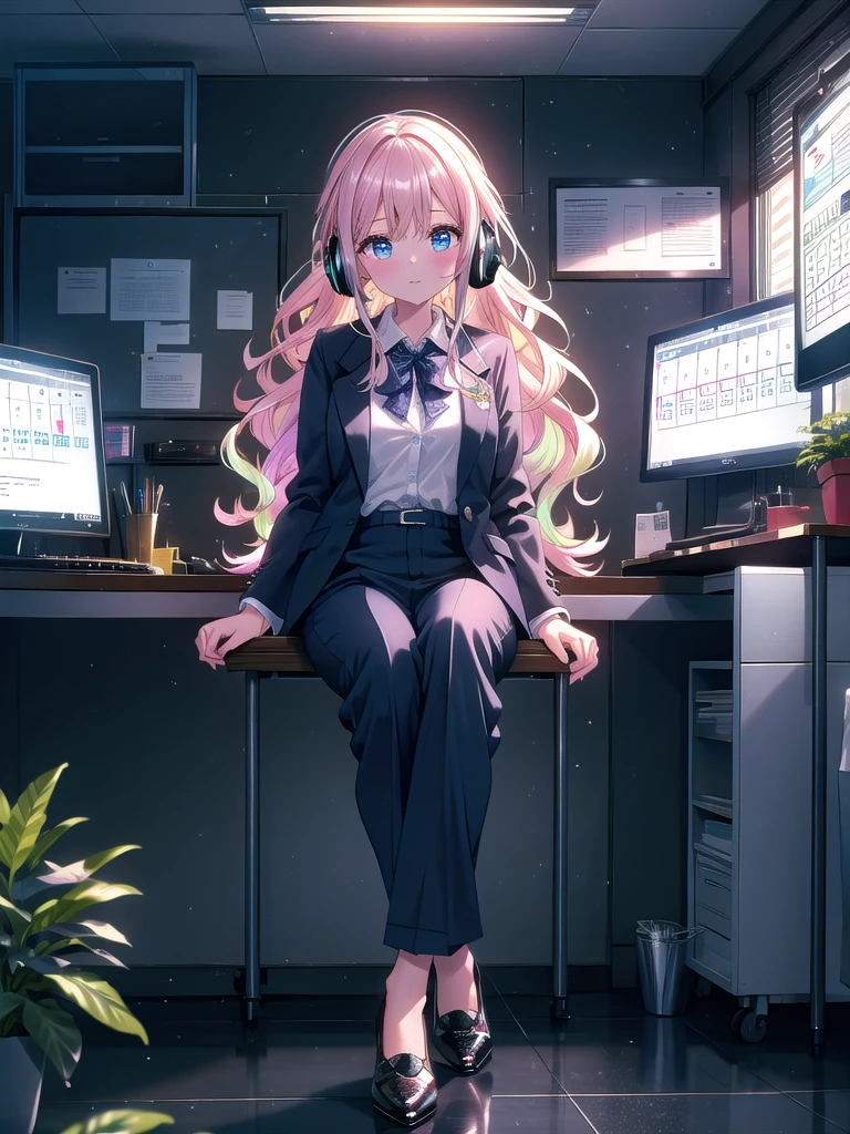 ((8k, Highest quality, masterpiece: 1.3)),Ultra-high resolution,(1 girl, alone), (Color changing eyes, Ultra-detailed, Expressive brilliance, Glitter, Glowing Eyes), Highly detailed eyes, Highly detailed face, Random Hair, ((pastel colour)) The woman is at her office cubicle, busy on a video call with colleagues. The cubicle is decorated with personal touches—family photos, a calendar, a small plant, and motivational quotes pinned to the partition. On her desk, there are papers, a headset, and a bottle of water. Through the cubicle’s low partition, you can see other employees working and an office window revealing a rainy cityscape. She’s dressed in a navy blue blazer over a white blouse and black slacks, with low-heeled shoes. Her hair is styled in loose waves, and she’s looking at the camera with a professional yet approachable expression.