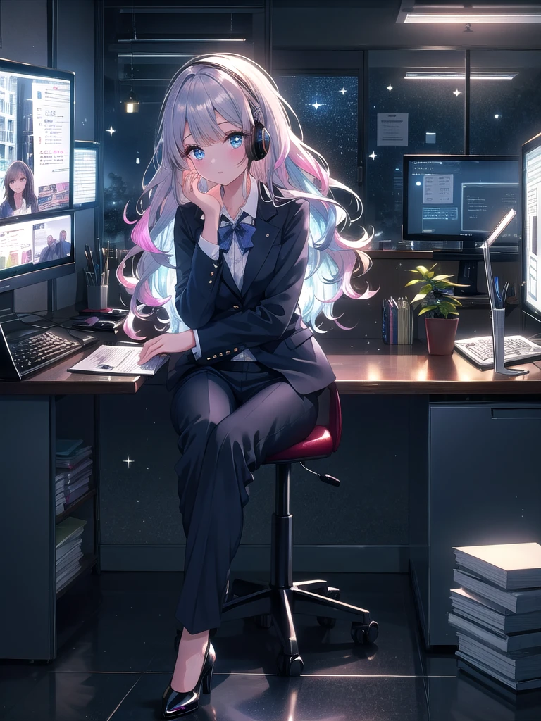 ((8k, Highest quality, masterpiece: 1.3)),Ultra-high resolution,(1 girl, alone), (Color changing eyes, Ultra-detailed, Expressive brilliance, Glitter, Glowing Eyes), Highly detailed eyes, Highly detailed face, Random Hair, ((pastel colour)) The woman is at her office cubicle, busy on a video call with colleagues. The cubicle is decorated with personal touches—family photos, a calendar, a small plant, and motivational quotes pinned to the partition. On her desk, there are papers, a headset, and a bottle of water. Through the cubicle’s low partition, you can see other employees working and an office window revealing a rainy cityscape. She’s dressed in a navy blue blazer over a white blouse and black slacks, with low-heeled shoes. Her hair is styled in loose waves, and she’s looking at the camera with a professional yet approachable expression.