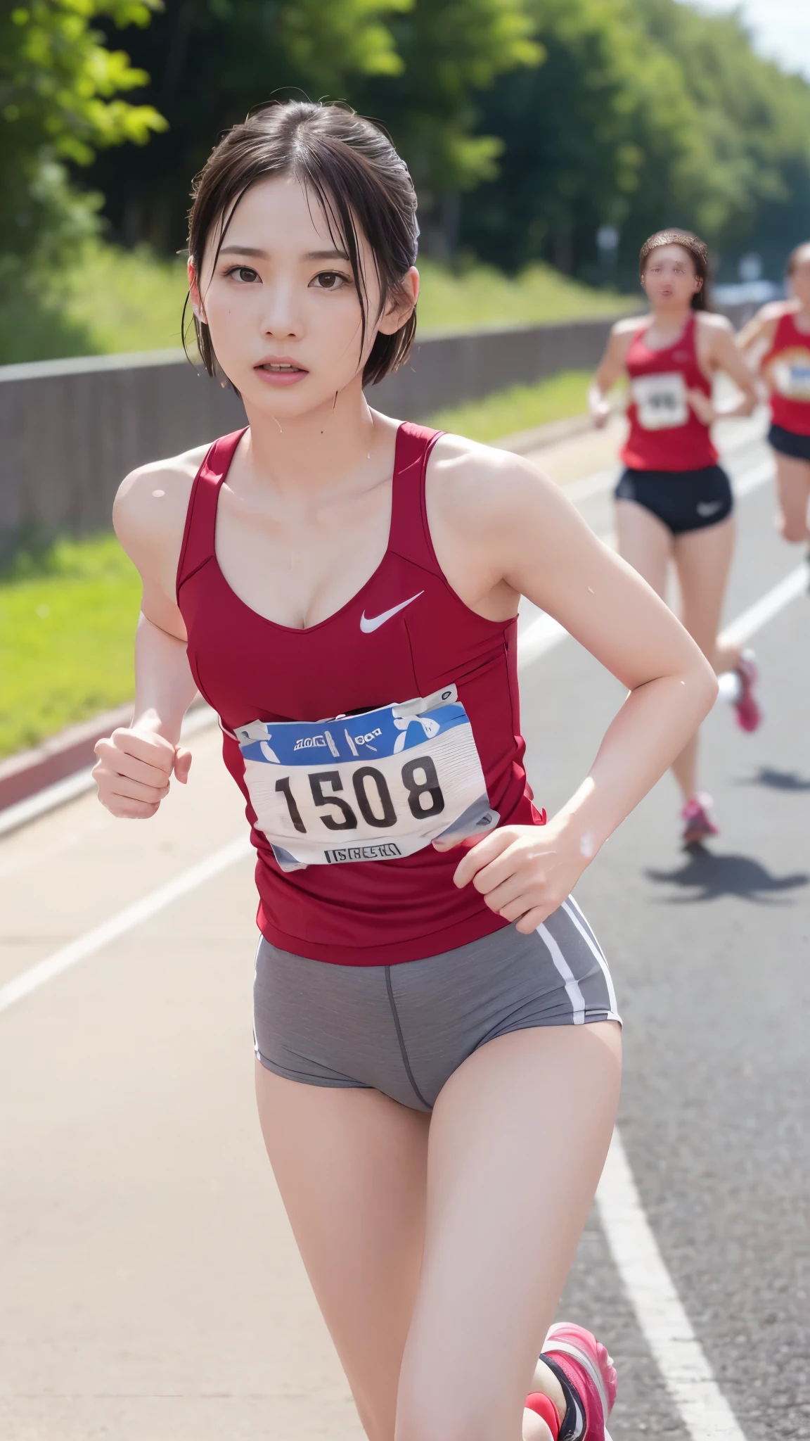 8k、Ultra-high resolution、Highest quality、masterpiece、Realistic、Ultra-high resolution、High-definition RAW color photos、Professional photos、real、photo realistic、(Always 、Definitely a pretty big bust、cleavage)、Vhting、Natural skin texture、Fine skin、Hyperrealism、Intricate details、Depth of written boundary、Adult women、masterpiece、Highest quality、High Detail、Eye highlights、Lip gloss、((Serious expression、((Very Short Hair))、Marathon runner、Streets of skyscrapers,Drive in the center of the road、Dark gray separate uniform for track and field athletes、redSports Bloomers、(Full body running pose):1.5))、running shoes、((running、Must-have red high leg bloomers for competitions,Crowds along the road,Lots of runners:1.6)),(athletic female,running,Sprinting,((flat chested,small breasts)),wet clothting,Erect nipples:1.3)