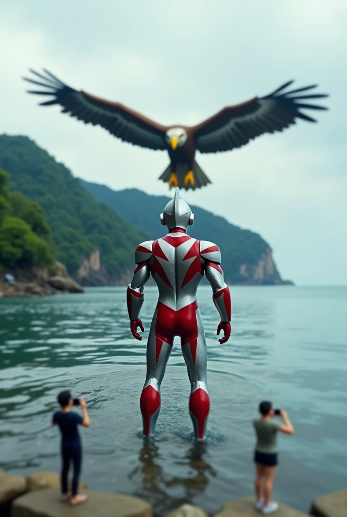 Ultraman fight with big giant eagle. On the water. At the island back view. Tilt shift photography. All mini human snap picture.