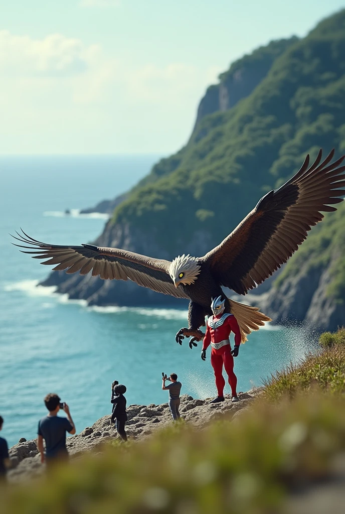 Ultraman fight with big giant eagle. On the water. At the island back view. Tilt shift photography. All mini human snap picture.