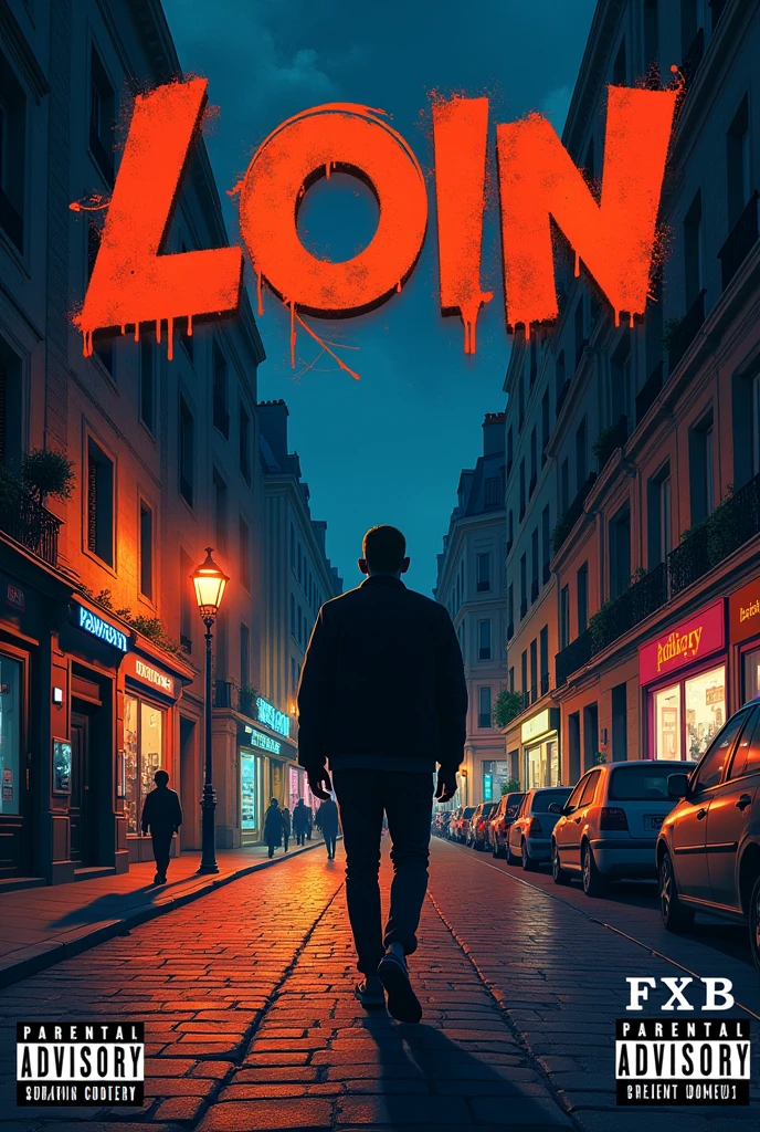 Une pochette d’un album de rap.
Le titre de l’album est Loin, il doit être écrit en style graffiti.
Le nom de l’artiste, FXB, doit être écrit en bas de la pochette.
Il doit y avoir le logo parental advisory.
La pochette doit avoir un style art moderne 
Derrière les inscriptions, on doit voir l’artiste vue de dos entrain de marcher dans les rues parisiennes pendant la nuit