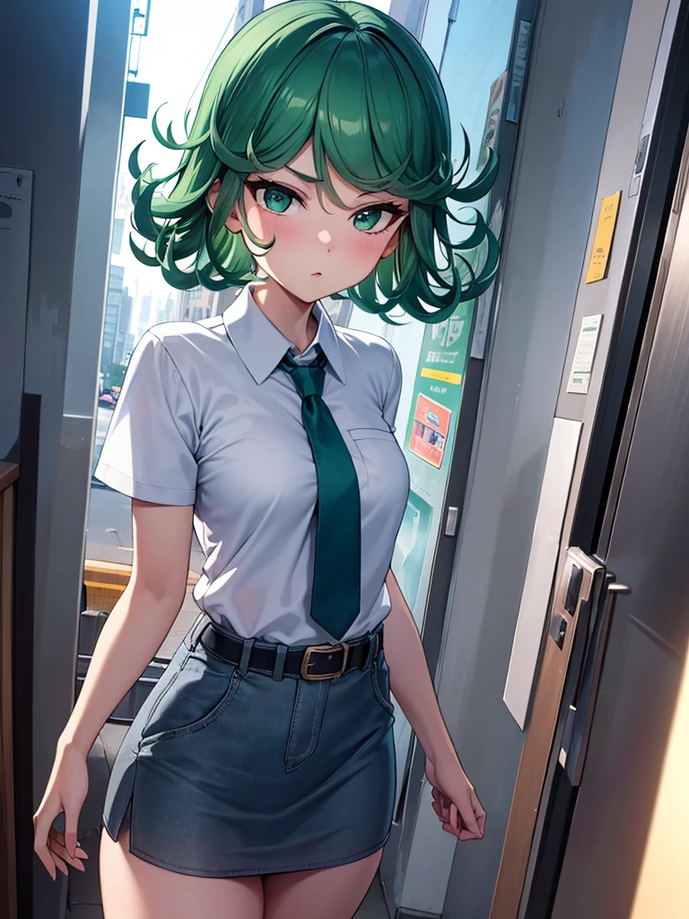 (high res, 8K, masterpiece, looking at viewer, best quality, very aesthetic, ultra detailed, ultra background, ultra Eyes) intricate details, 1girl, Tatsumaki, Chibi, short sleeved white shirt, Light Blue Gray short skirt, Pockets on the left chest, Light Blue Gray tie, Wearing a belt, Black Sling bag, green short hair, green eyes, drinking bubble milk tea, normal face, Background City, Store, Cinematic Angle