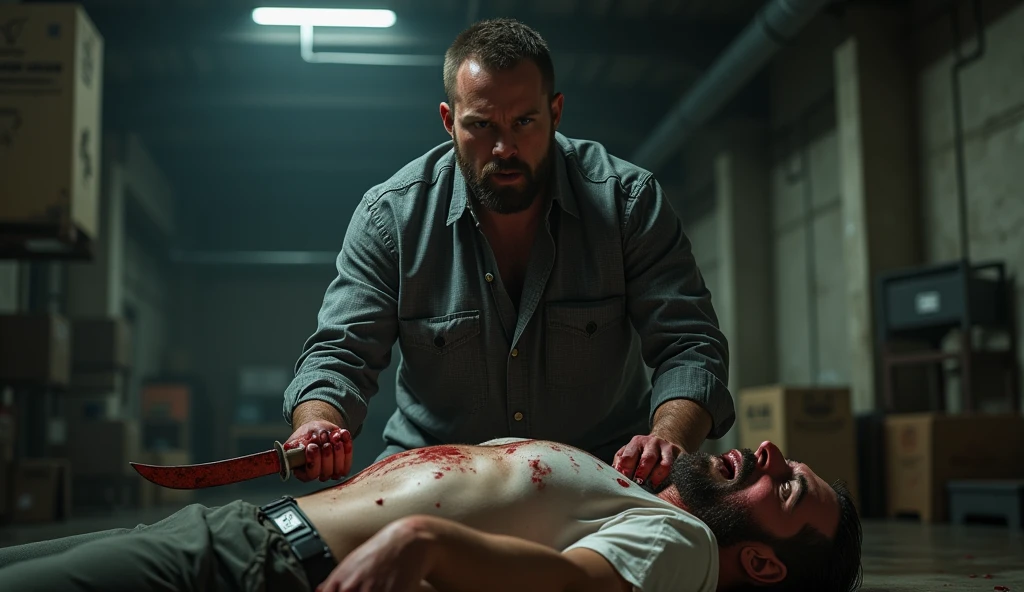 Best quality, masterpiece, ultra high res, photorealistic:1.5, raw photo,ultra reality, bearded man, short hair, a man stands over an injured gangster, wearing gray checkered shirt,holding knives in both hands, bloody hands, injured, some bruises, fighting, in the warehouse, cinematic lighting