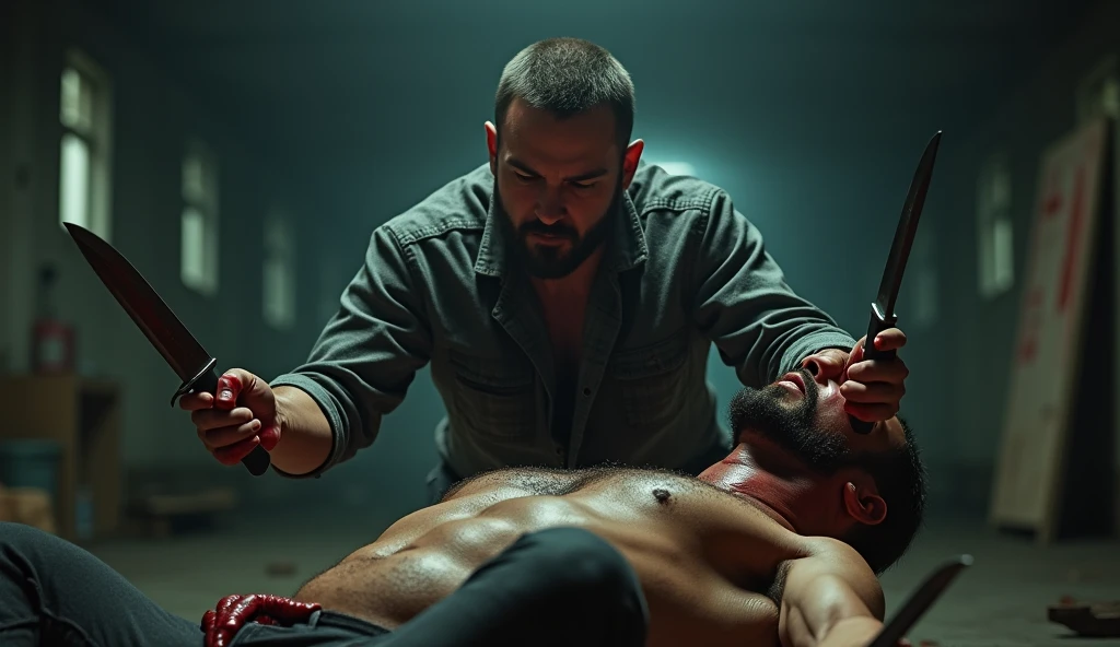 Best quality, masterpiece, ultra high res, photorealistic:1.5, raw photo,ultra reality, bearded man, short hair, a man stands over an injured gangster, wearing gray checkered shirt,holding knives in both hands, bloody hands, injured, some bruises, fighting, in the warehouse, cinematic lighting