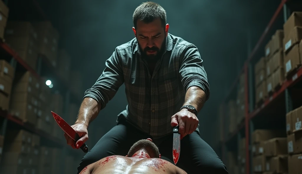 Best quality, masterpiece, ultra high res, photorealistic:1.5, raw photo,ultra reality, bearded man, short hair, a man stands over an injured gangster, wearing gray checkered shirt,holding knives in both hands, bloody hands, injured, some bruises, fighting, in the warehouse, cinematic lighting