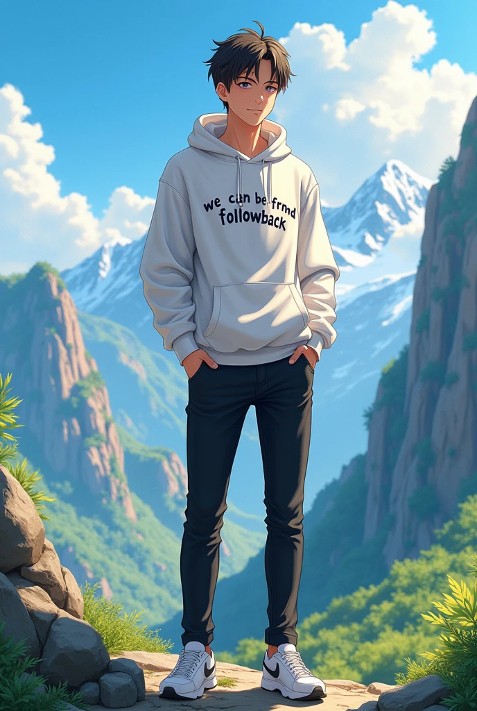 A young anime men standing on mountain at afternoon with fully nature.
Wearing a white hoody with black jeans and sneaker.
(WE CAN BE FRND & FOLLOWBACK)written on shirt