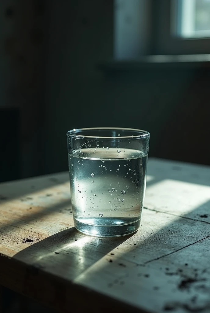 "A glass of water placed on an old wooden table, capturing the moment before the warning."
