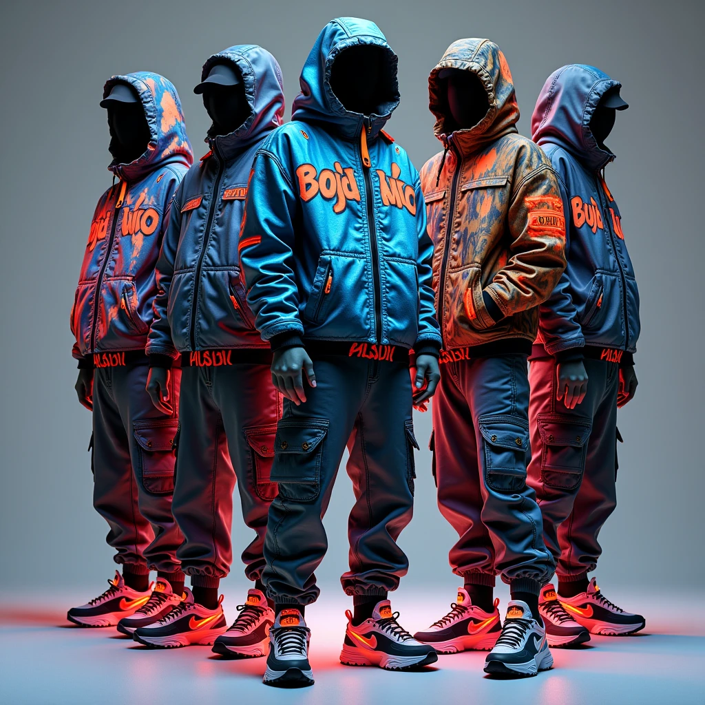 A collection of streetwear fashion inspired by urban environments and futuristic technology. The outfits feature oversized jackets made of a fabric that looks like liquid metal, with bold, neon-colored graffiti-style prints. The pants are cargo style, but with integrated LED strips along the seams that change color based on movement. Sneakers have transparent soles filled with glowing liquid, creating a dynamic, eye-catching effect as the wearer walks. Accessories include holographic visors and utility belts with built-in digital interfaces