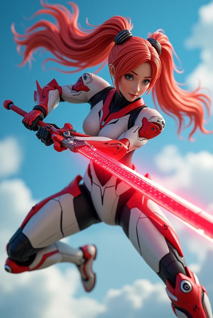 a detailed girl in mechanical red and white robot armor, holding a long red and white sword, flying dynamically through a blue sky, beautiful detailed eyes, lips, skin, long red hair in twin tails, red and white mechanical barrette, highly detailed patterns and shapes of the sword, glow of the sword blade and red beam emission effect, accurate depiction of the hand holding the sword, stabbing the viewer, cinematic lighting, vivid color, 3D rendering, professional photo resolution, award winning