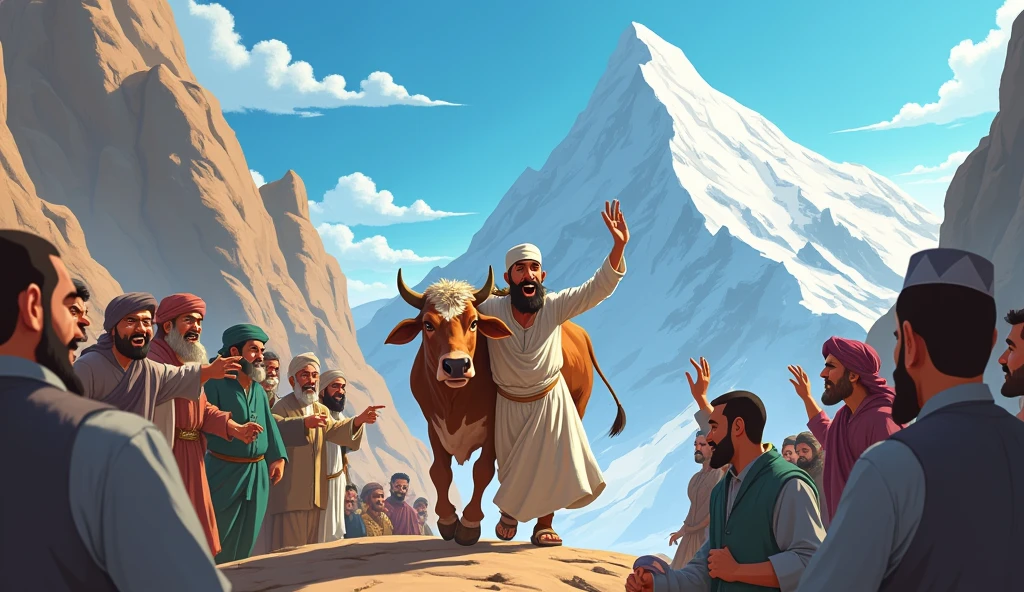 Animated image of people laughing at a Muslim man carrying a cow on a mountain 