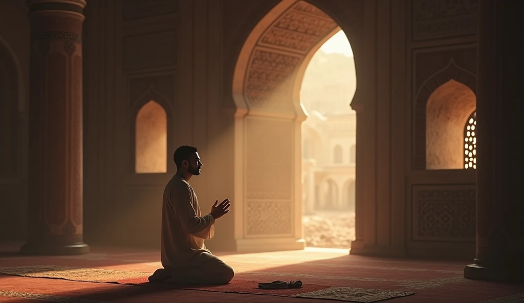 Here’s the prompt for this scene:
"A detailed scene set in ancient times, showing the young man alone in a quiet, dimly lit mosque. He is kneeling on a prayer mat, hands raised in supplication, deeply immersed in prayer. The mosque is simple yet serene, with tall arches, intricate patterns on the walls, and soft light filtering through small windows. The atmosphere is filled with a sense of peace and devotion as the young man earnestly prays to Allah, seeking guidance and solace in the sacred space."