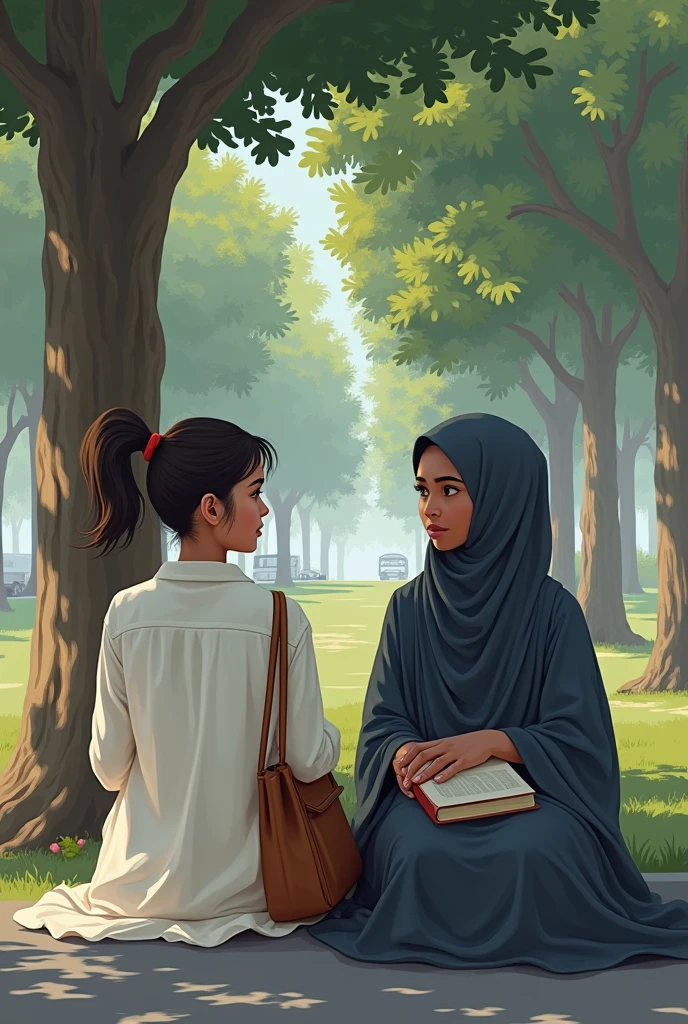 In pakistan A girl in a pony tail with her college bag and in her uneversity uniform white suit salwar sitting on a bench at bus station waiting for the bus . the place is not crowded and there are trees she has only one bag that is for her books. A South African black girl with hijab on sat with with her holding a closed book in her both hands . make hijabi girL skin colour black