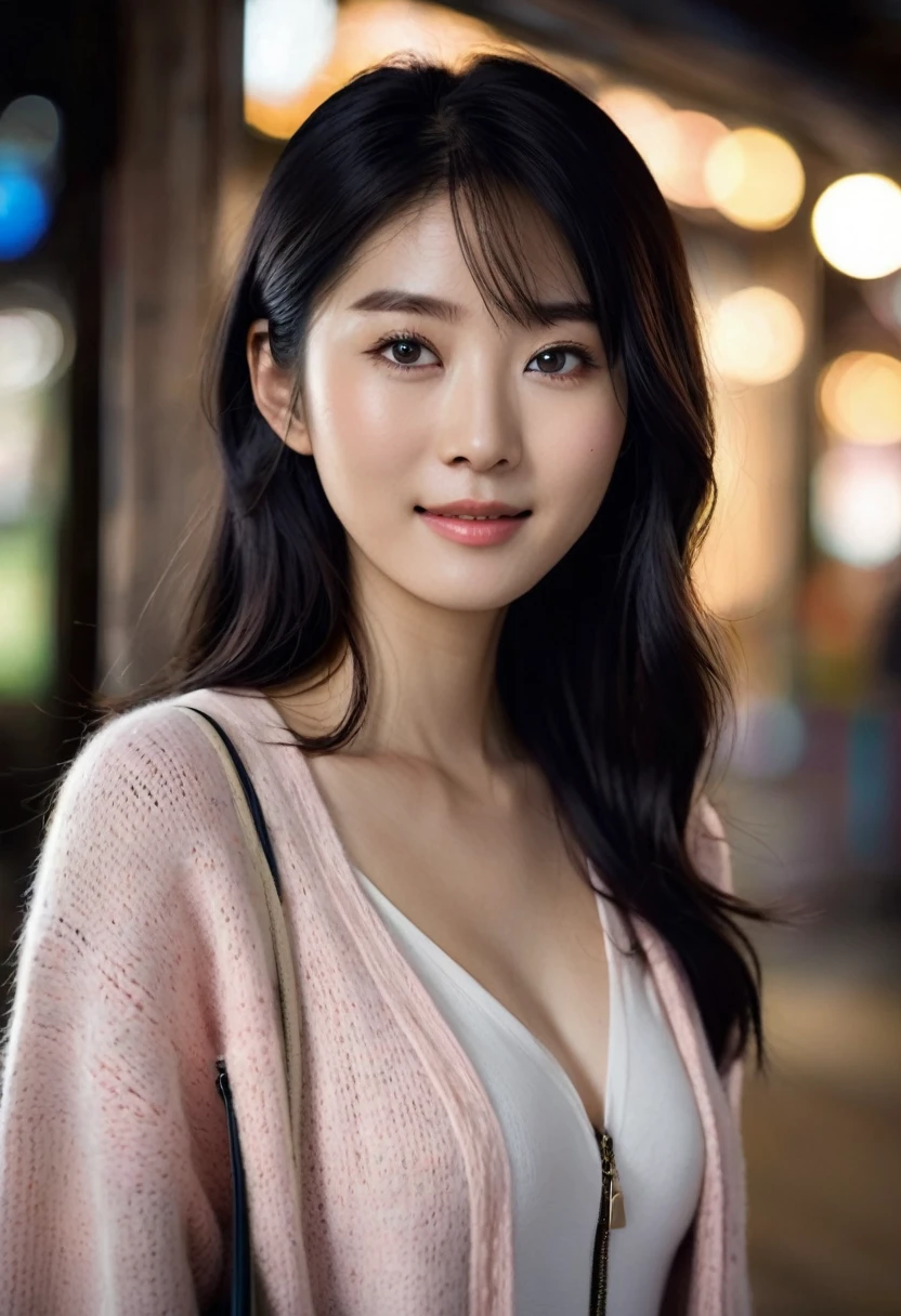 A young beautiful Japanese woman with a warm, cheerful expression, wearing a pastel cardigan, with a small handbag. Her face is exquisitely detailed, with beautiful eyes, nose, and lips. Her slender body is accentuated by the form-fitting cardigan, and her soft, wavy black hair flows around her. The lighting is cinematic, with a warm, natural glow, creating a sense of depth and dimension. The overall scene has a high-contrast, HDR look, with vivid colors and a bokeh effect, giving it a masterpiece, hyper-realistic quality.