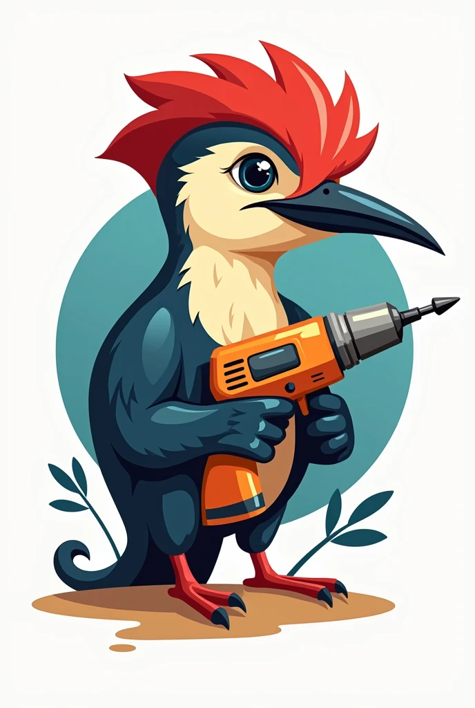 A colorful logo style woodpecker with a drill in his hands